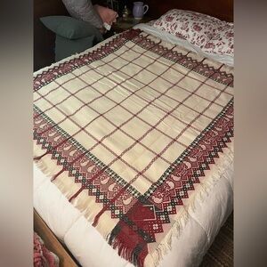 Elegant Red and Cream Woven Tablecloth.